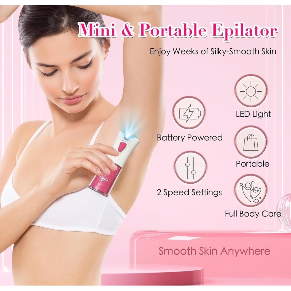 Keda KD-199 Mini Portable Epilator for Women Hair Removal 2-Speed LED Light Pink